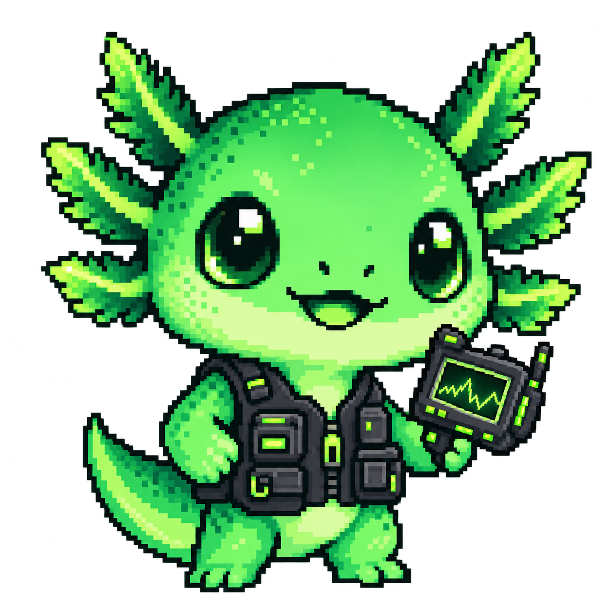 Trench, a green pixel-art axolotl holding a scanner